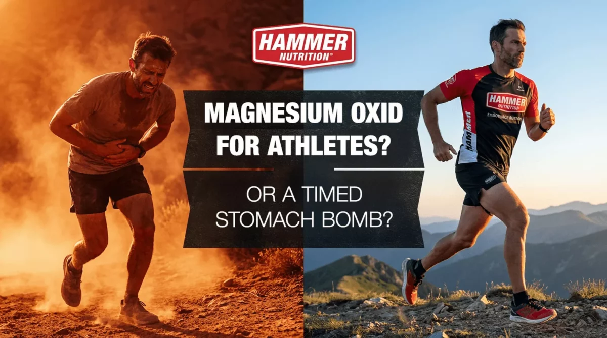 Két terepfutó osztott képen: a bal oldalon egy hasát fogó, kimerült futó, a jobb oldalon egy lendületesen haladó versenyző a Hammer Nutrition grafikáján