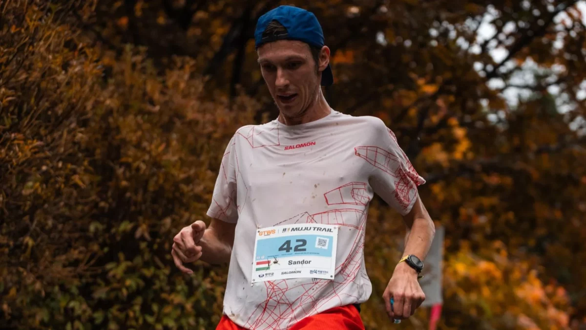Szabó Sándor rajtszámmal fut egy őszi, erdős terepfutóversenyen