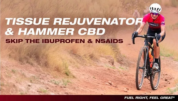 Kerékpáros száraz, füves terepen, mellette a Tissue Rejuvenator és Hammer CBD felirat